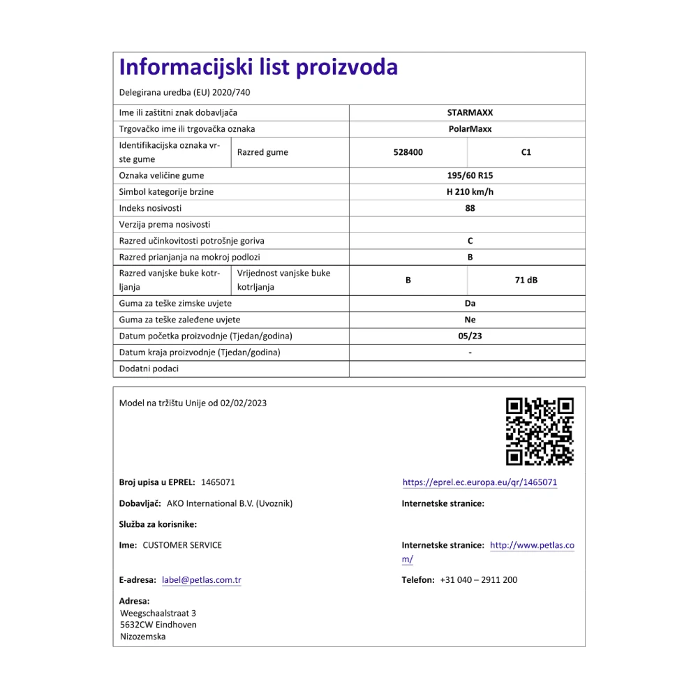 Guma 195-60R15 88H Polarmaxx P TL Starmaxx