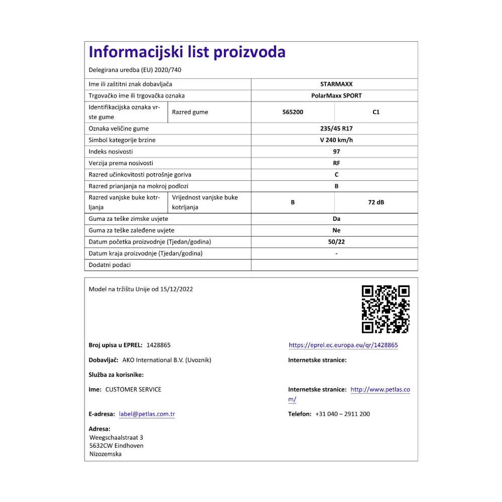 Guma 235-45R17 97V Polarmaxx Sport TL Starmaxx